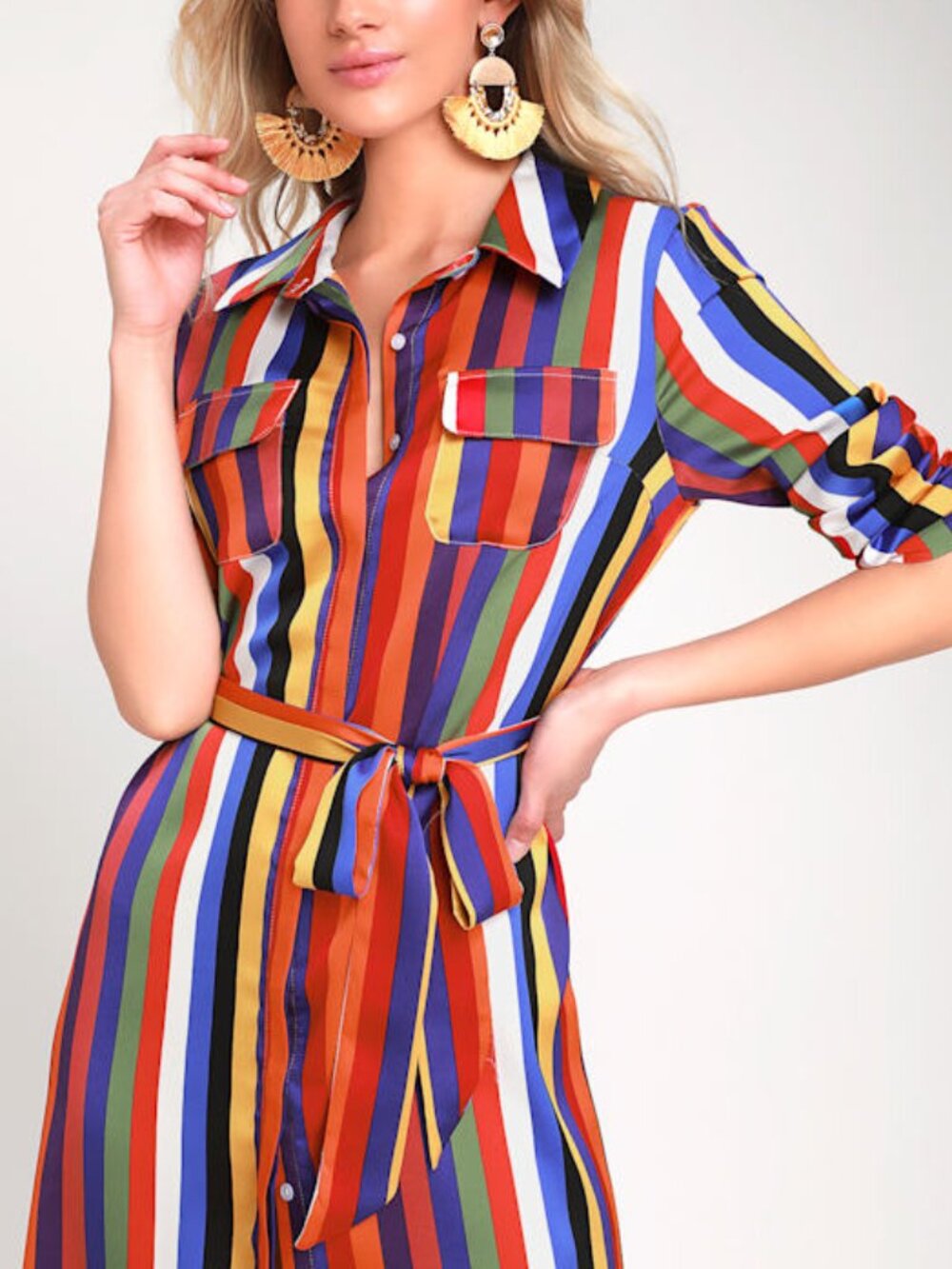 Lulus Amuse Me Rainbow Striped Long Sleeve Midi Shirt Dress Other - Size XS - Picture 1 of 1